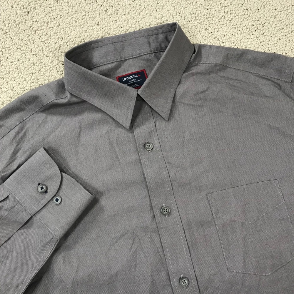 UNTUCKit Mens Large Charcoal Grey Micro Check Long Sleeve Button Down Shirt